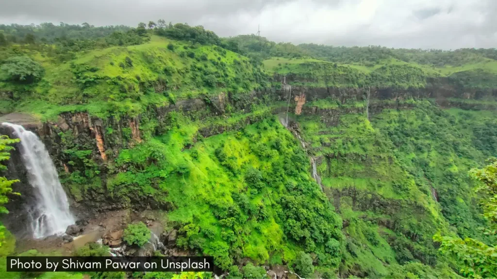 A view of waterfall in Chikhaldara in Maharashtra during the monsoon season.