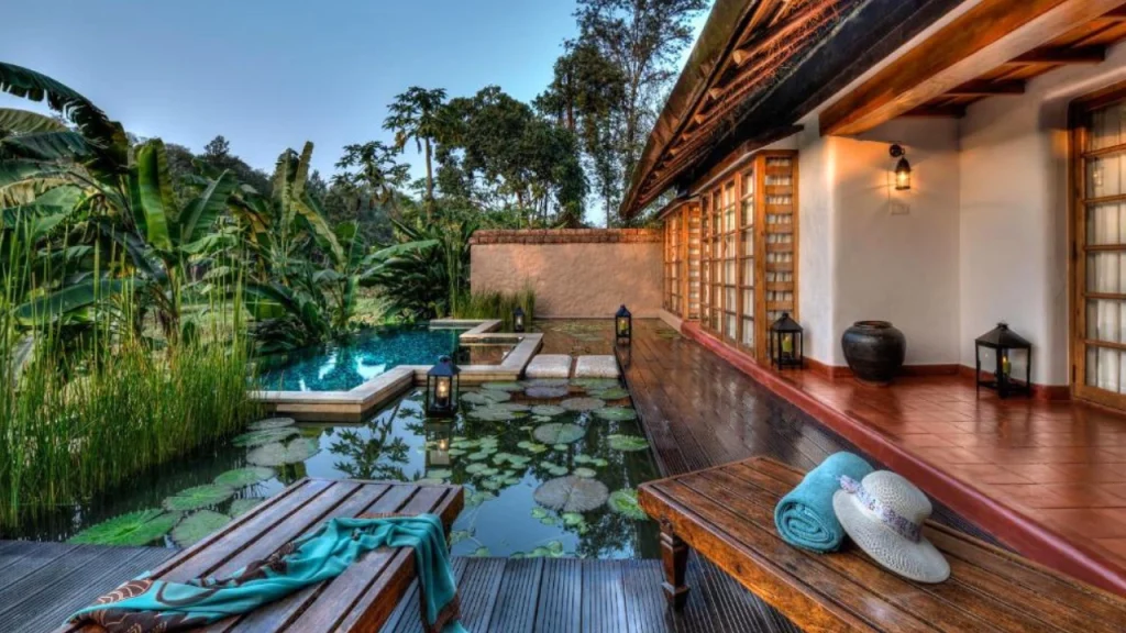 A shot of the private lily pool at Evolve Back luxury hotel in Coorg, one of the best properties for minimoon in May in India.