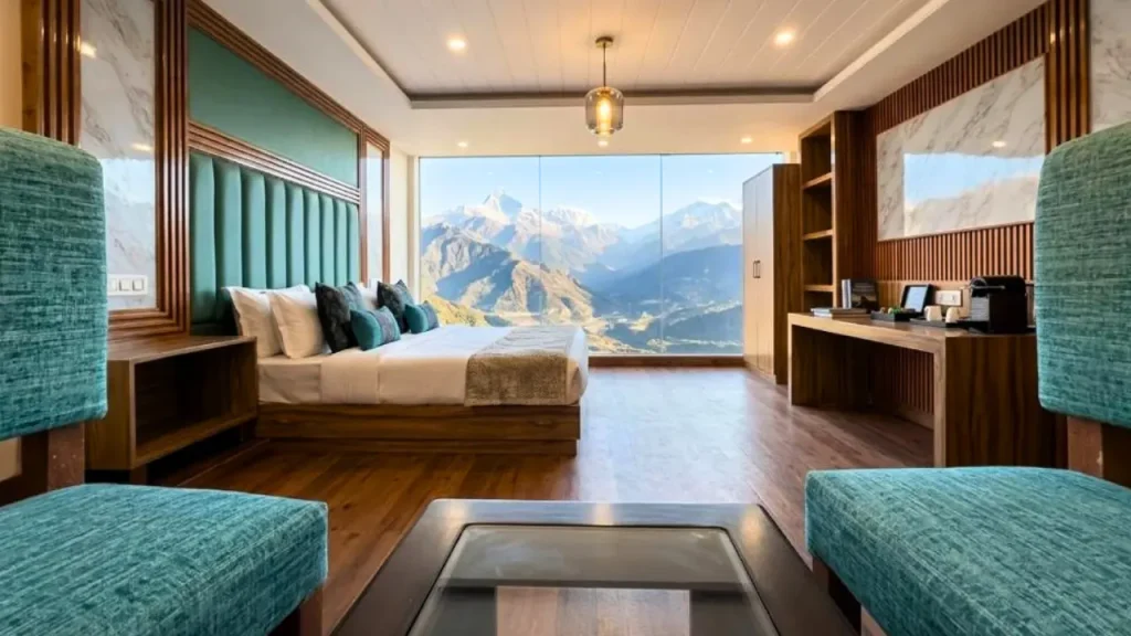 Interiors of The Hamilton Valley View hotel in Shimla, one of the best budget hotels for minimoon in May in India.