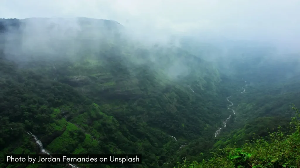 A scene of misty valley in Matheran in Maharashtra during the monsoon season.