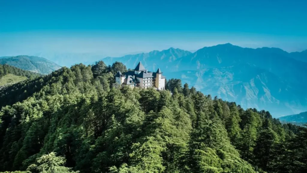 Exteriors of the Wildflower Hall, a luxury resort by Oberoi in Shimla, one of the best properties for minimoon in May in India.