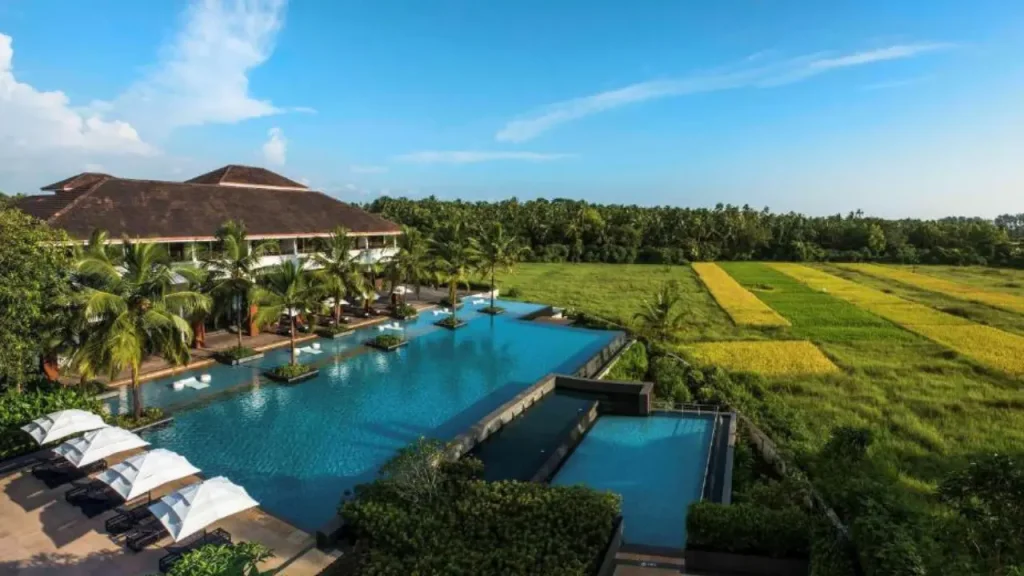 Exteriors of Alila Diwa with lush farms and fields, one of the best luxury resorts in Goa by Hyatt brand.