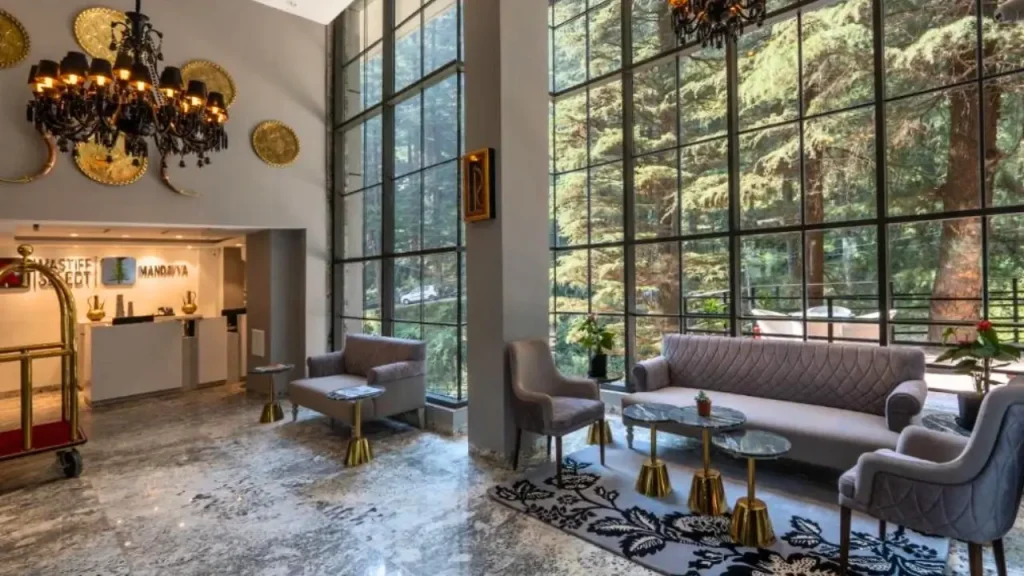 Lobby interiors at Mastiff Select Mandavya in Dharamkot in McLeodganj.