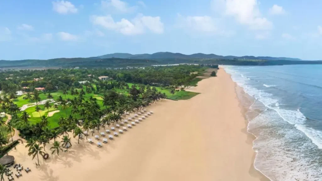An aerial shot of The St. Regis luxury resort in South Goa in Cavelossim, known as the best overall hotel in Goa.