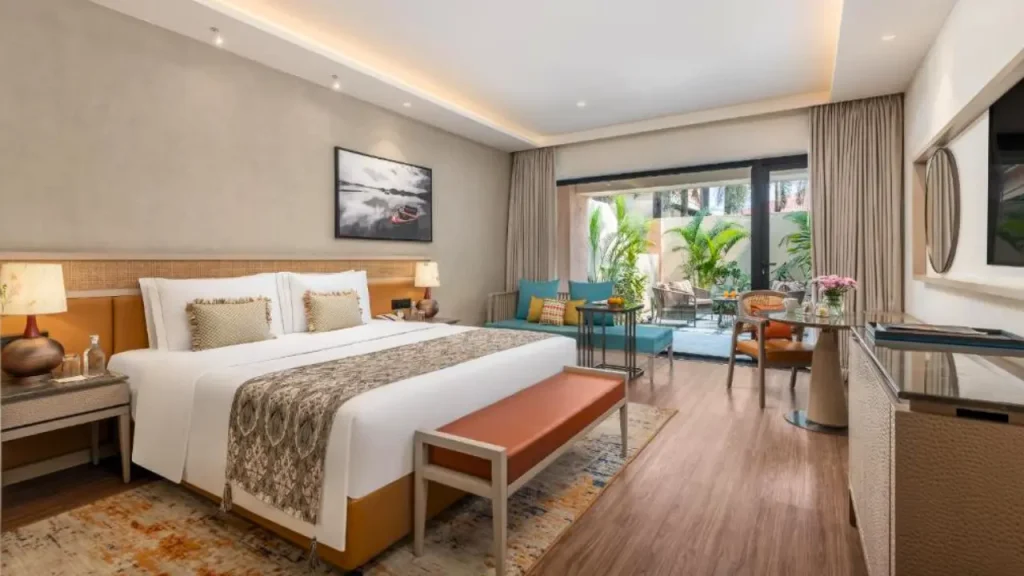 Plush interiors with a private balcony at Taj Alibaug Resort & Spa one of the best overall hotels in Alibaug.