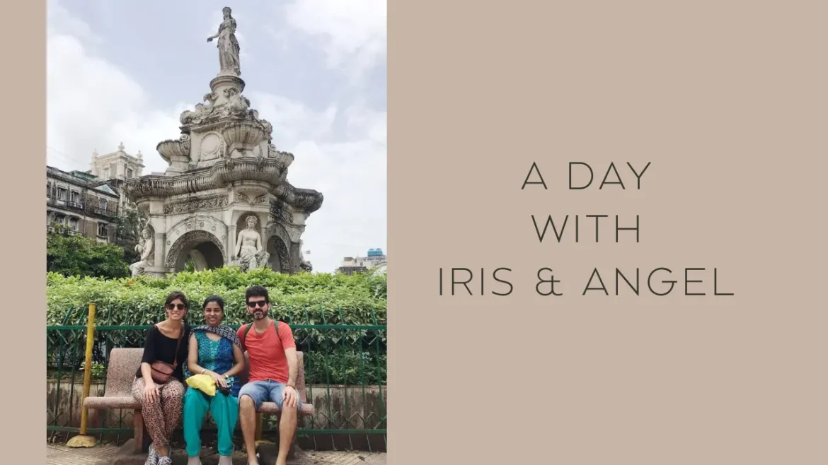Sarah, Iris and Angel sitting near Flora Fountain during our day exploring South Mumbai.