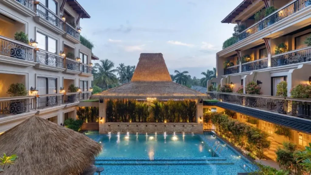 Cozy inner courtyard and swimming pool area at The Evren Vagator - Small Luxury Hotel, one of the best luxury resorts in North Goa.