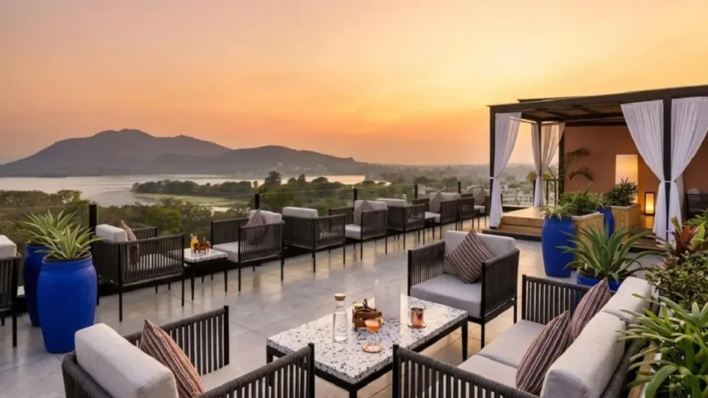 A view of Fateh Sagar Lake from the terrace of The Sierra - By The Lake, one of the best luxury boutique hotels in Udaipur.
