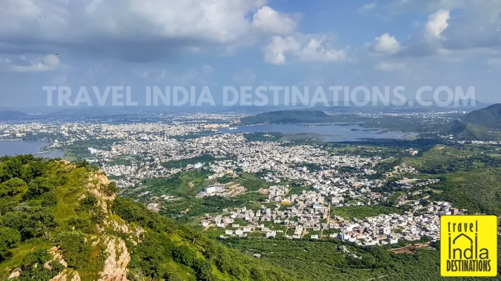 An overview shot of the Udaipur City with Lake Pichola and Fateh Sagar Lake both visible as seen from Sajjangarh Monsoon Palace, Udaipur.