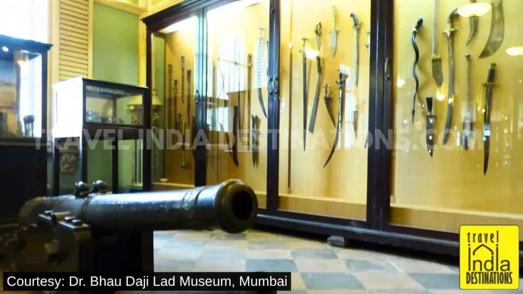Swords, daggers and other historic weapons displayed in the Armoury Gallery at Dr. Bhau Daji Lad Museum in Mumbai.