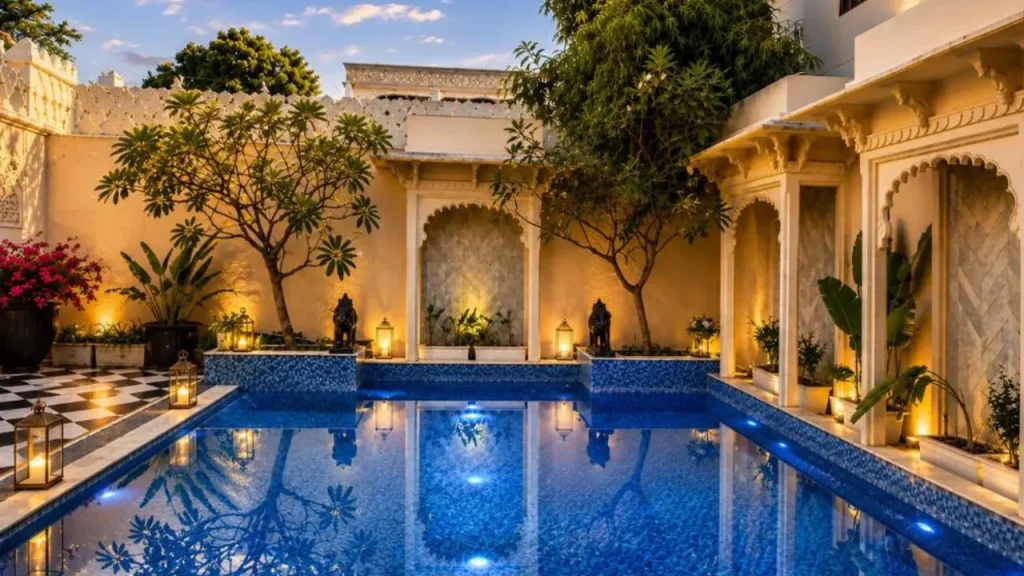 A shot of the outside swimming pool at Kaner Bagh, one of the best budget hotels in Udaipur.