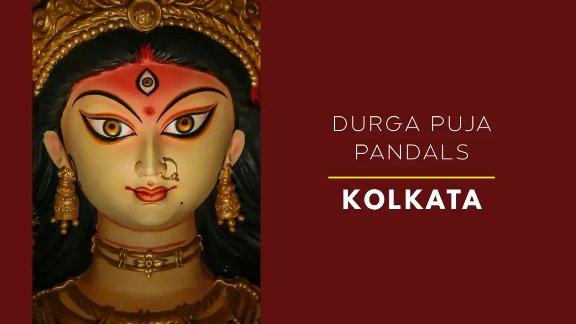 Brightly lit face of the idol of Goddess Durga during the Durga Puja festival in Kolkata, India.