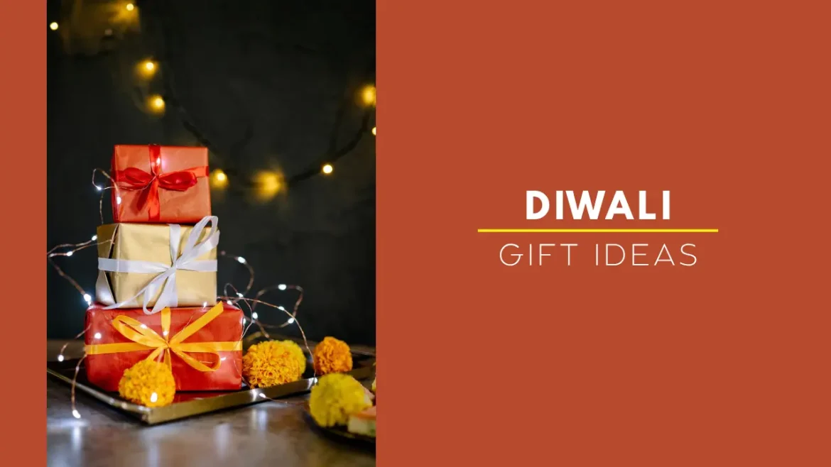 A shot of gifts with marigold flowers and fairy string lights ready for Diwali.