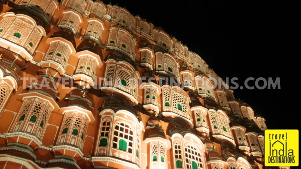 A shot of Hawa Mahal in Jaipur lit up at night time during Diwali festival.