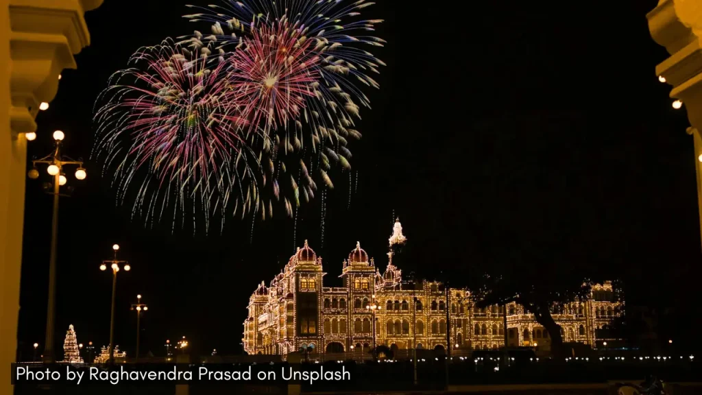 A shot of Mysuru Palace decorated with lights during Diwali festival in India.