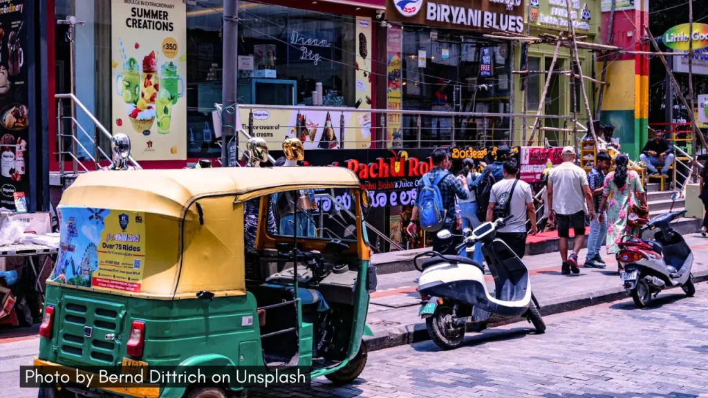 Rickshaw parked on one of the shopping streets in Bangalore.