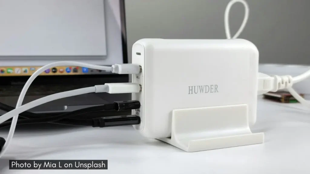 A shot of power bank with various USB wires attached, a smart charging solutions for those who love technology.
