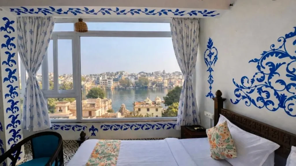 A view of Lake Pichola from the Deluxe Room at Storica Stays Panorama Haveli, one of the budget properties in Udaipur.