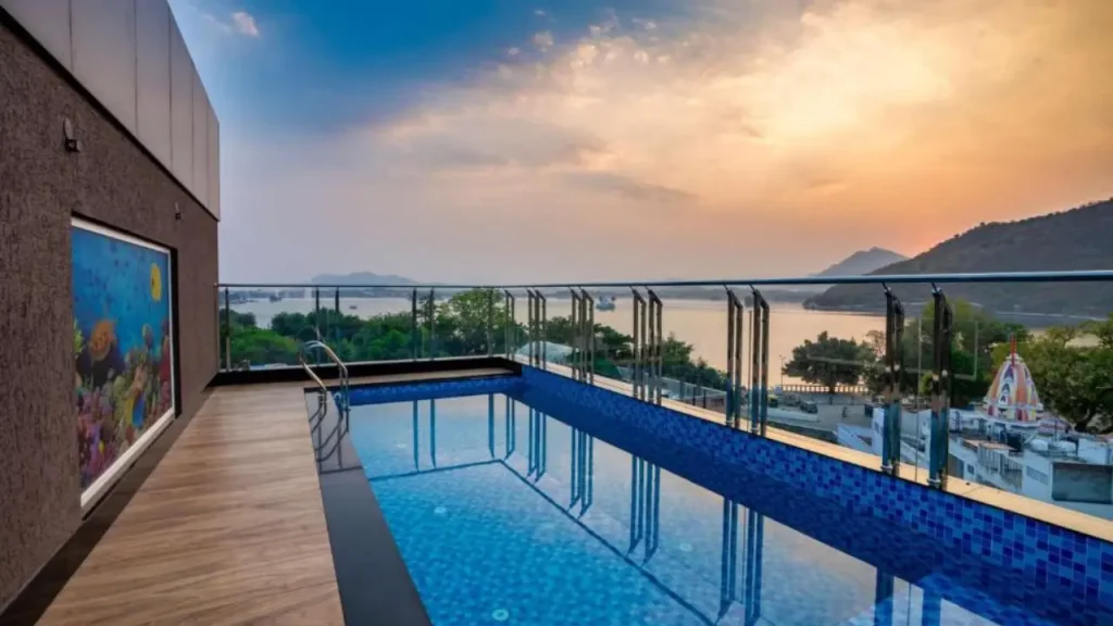 A shot of evening sky from the rooftop pool at The Grand Fateh, one of the budget hotels near Fateh Sagar Lake in Udaipur.