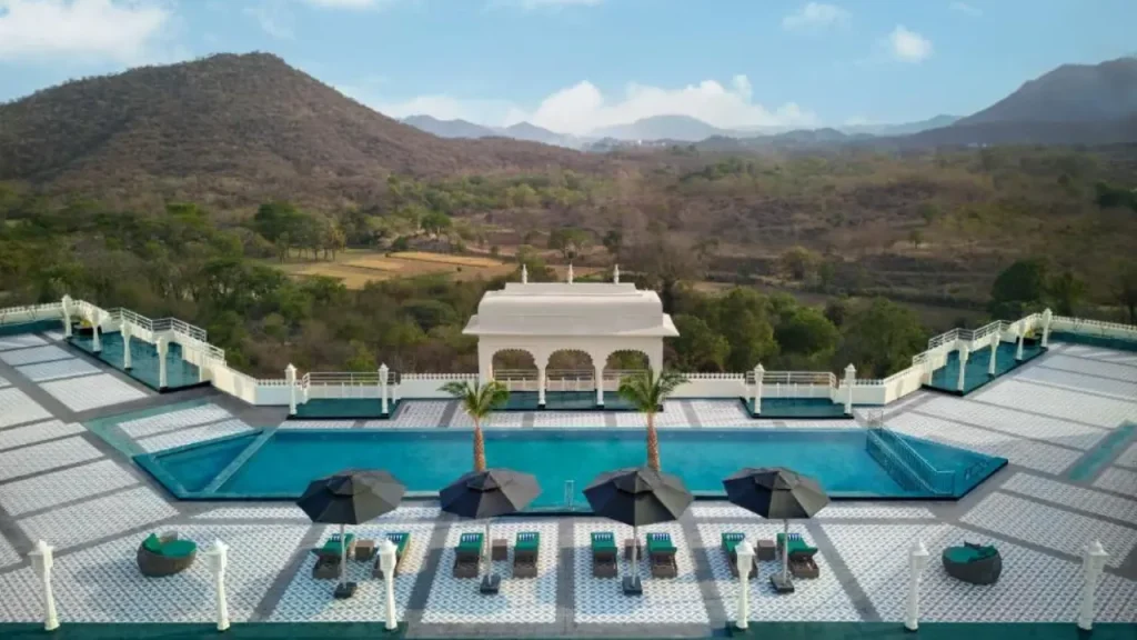 A panoramic view of the hills from the Udaipur Marriott luxury hotel near Fateh Sagar Lake.