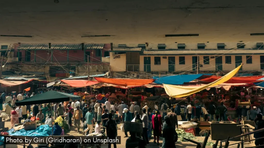 Fruits and vegetable vendors at Nagarathpete Market in Bangalore.